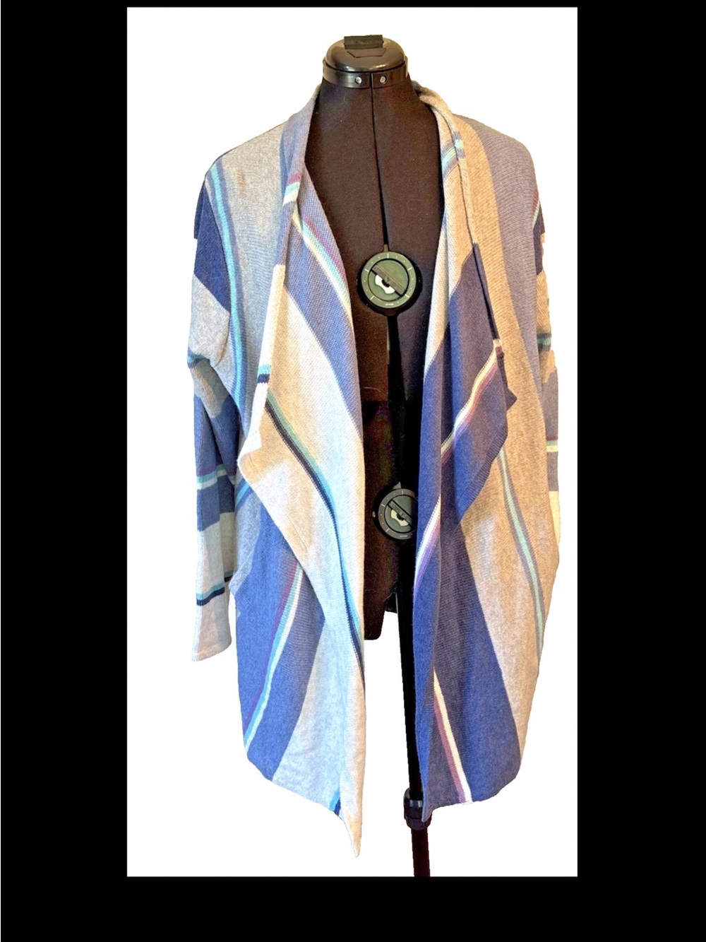 J. Jill Draped Open-Front Striped Cardigan — Blue, Tan Large